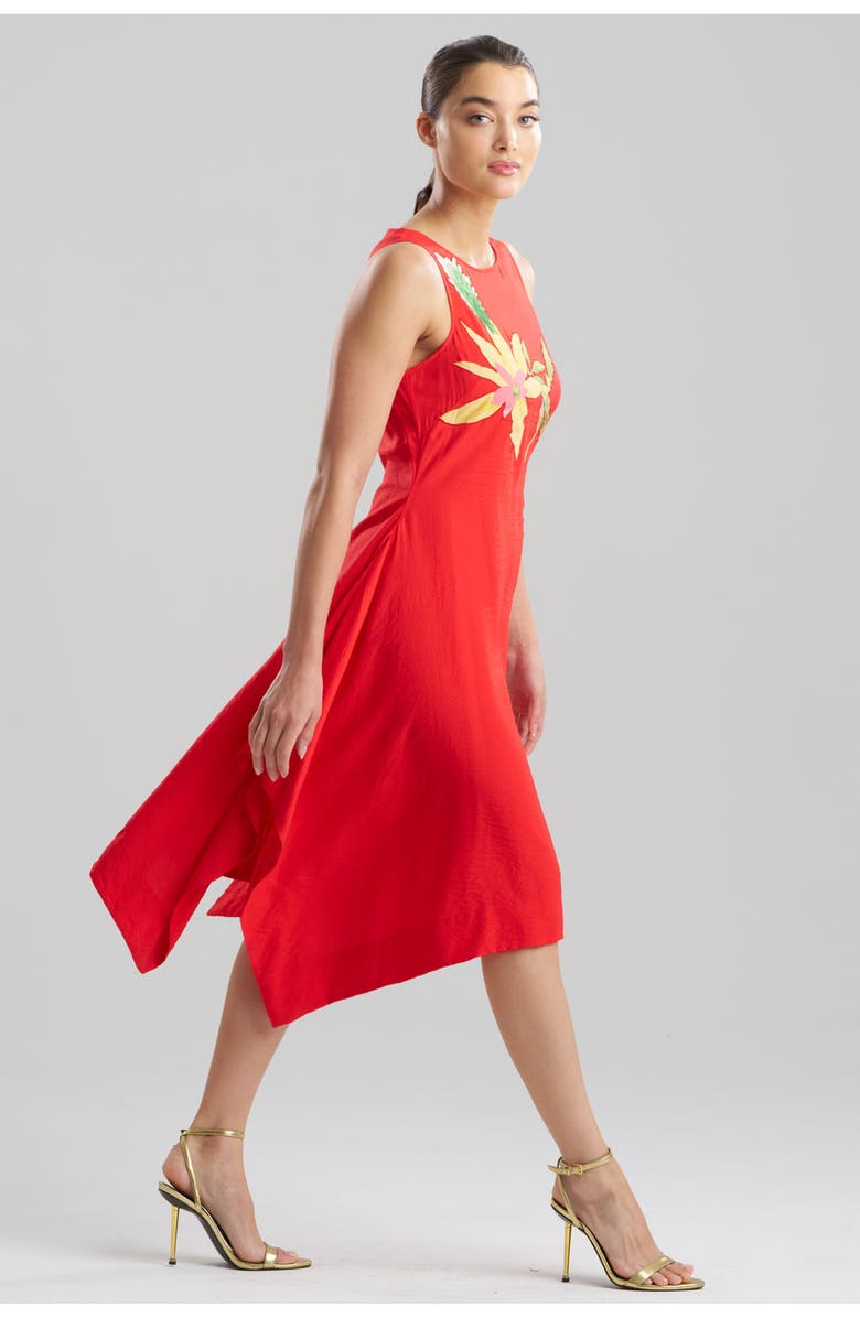 N Natori Solid Fluid Twill Hankerchief Hem Dress with Embellishment, Alternate, color, Poppy