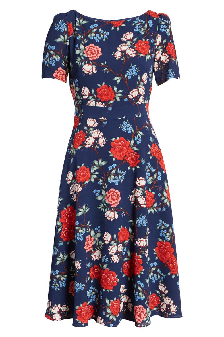 Floral Crepe A-Line Dress, Alternate, color, NAVY RED