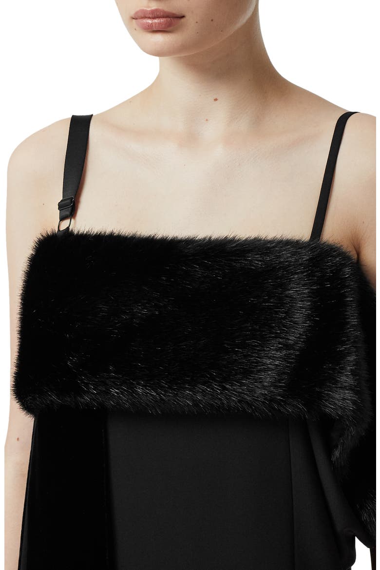 Faux Fur Detail Silk Gown, Alternate, color, BLACK