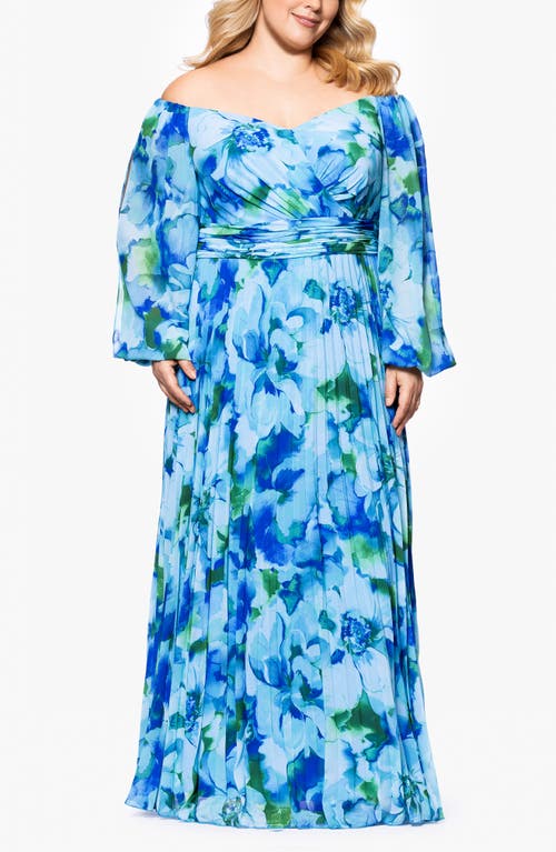 Xscape Evenings Floral Off The Shoulder Long Sleeve Gown In Turquoise/navy