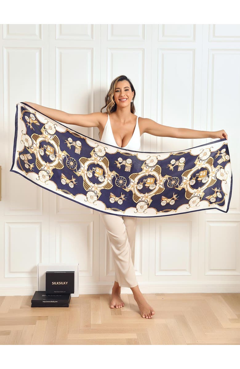 SILKSILKY Mulberry Silk Printed Carriage Long Rectangle Shawl Scarf, Alternate, color, Dark Blue