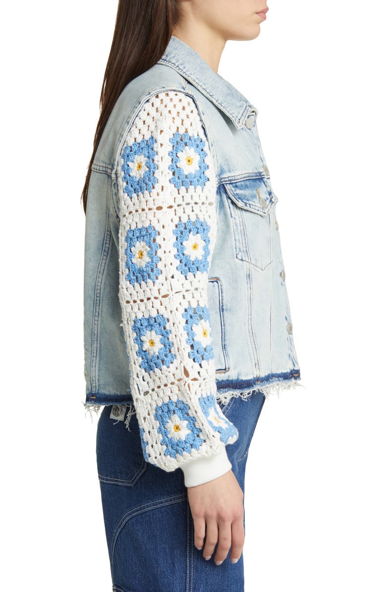 BLANKNYC Crochet Sleeve Distressed Denim Trucker Jacket, Alternate, color, 