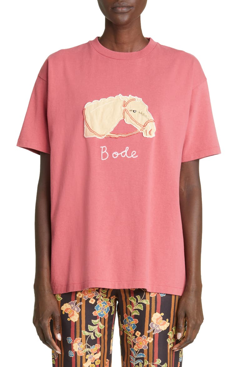 Pony Appliqué Crewneck Cotton T-Shirt, Main, color, PINK