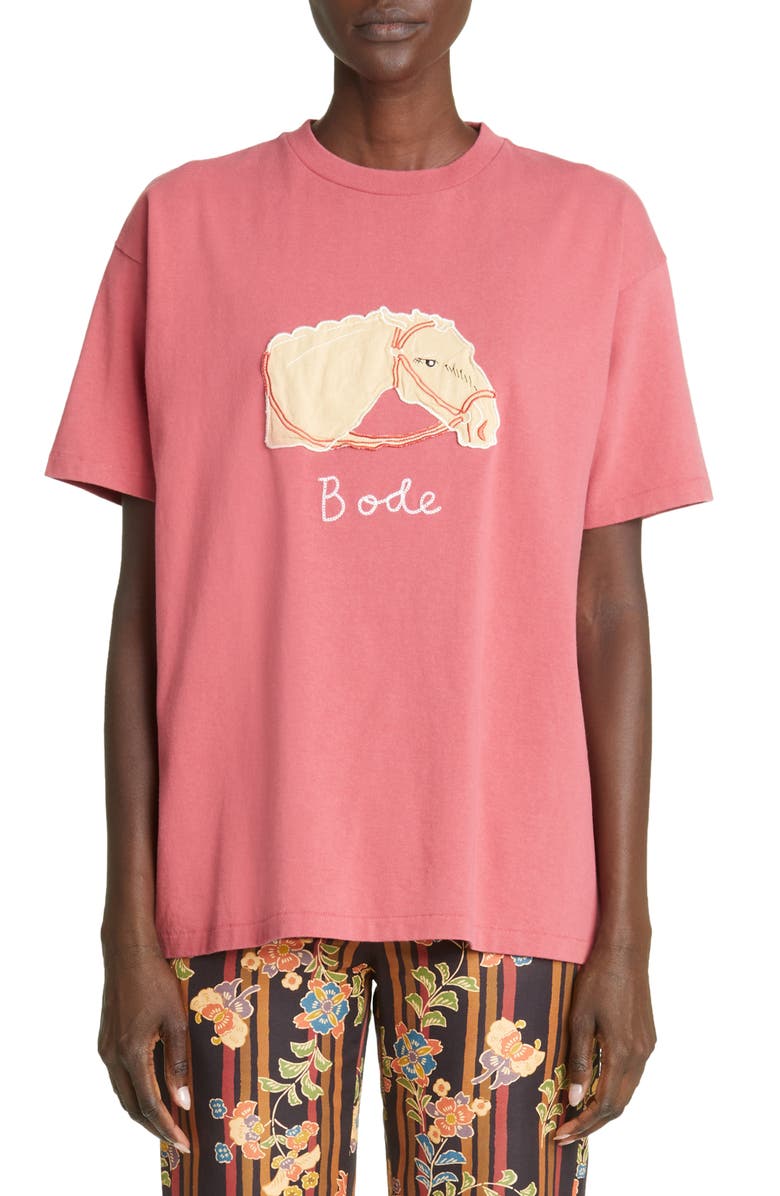 Bode Pony Appliqué Crewneck Cotton T-Shirt, Main, color,