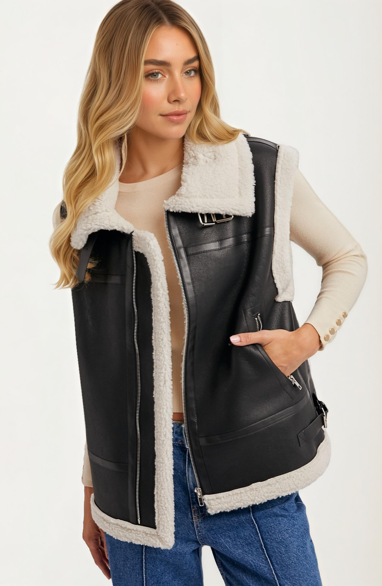 Knit and Lounge Zip-Front Faux Leather Shearling Vest, Alternate, color, 
