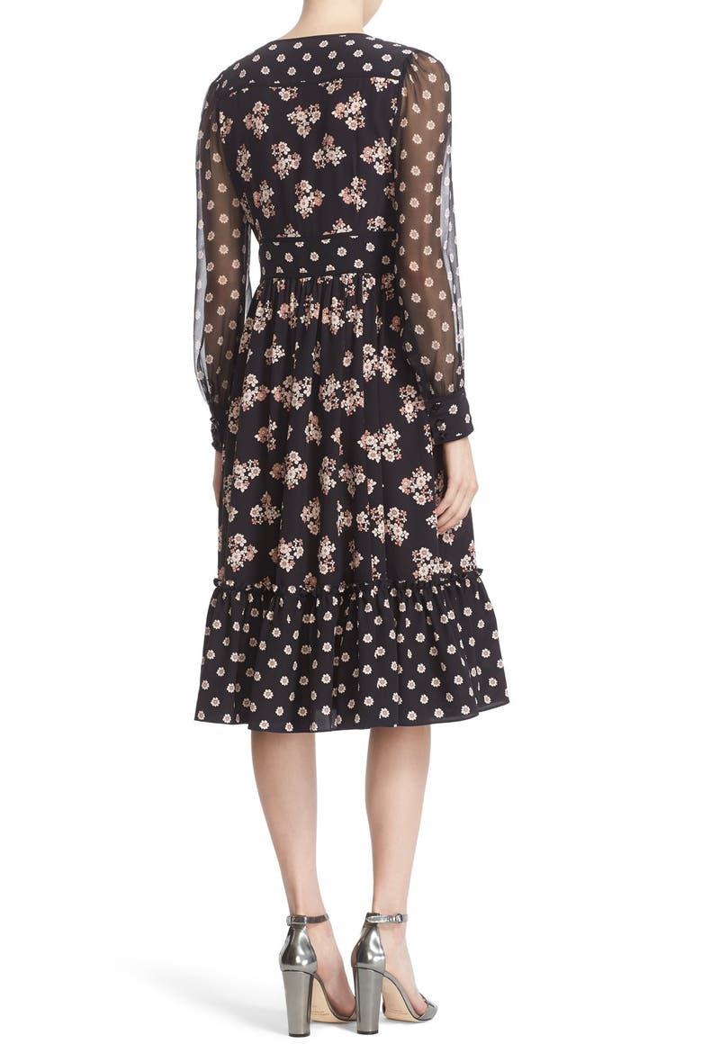 ditsy print silk midi dress, Alternate, color, BLACK