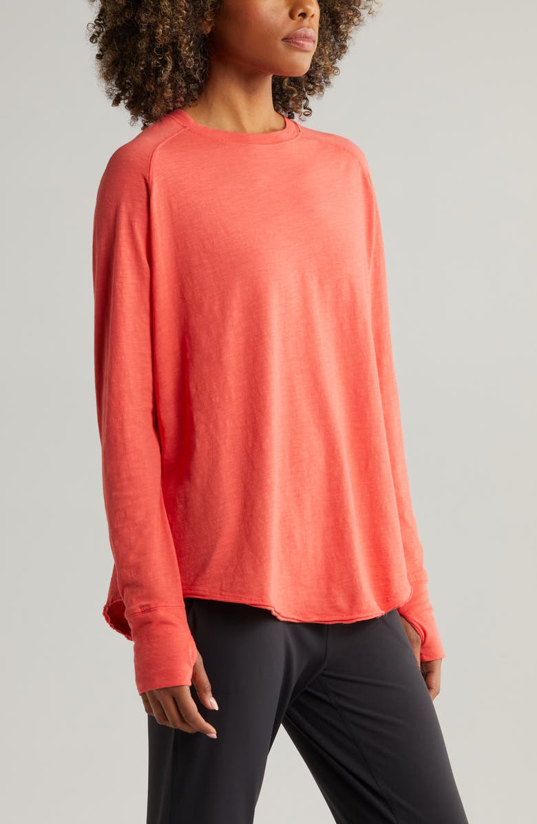 Zella Relaxed Washed Long Sleeve Slub Tee, Alternate, color, Cayenne