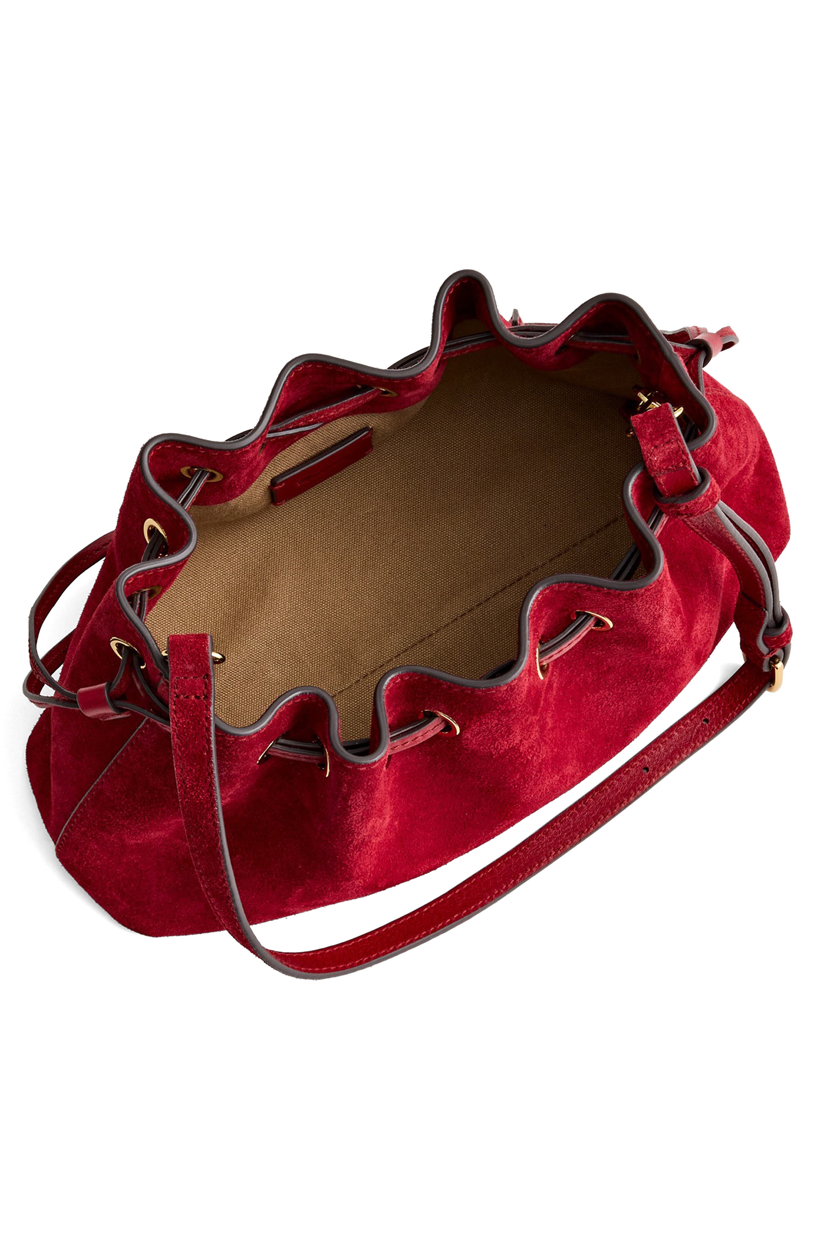 Suede East/West Drawstring Clutch, Alternate, color, GARNET STONE