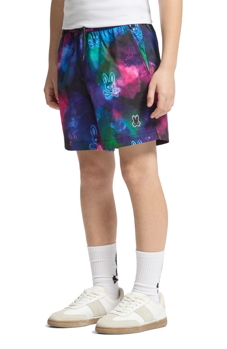 Psycho Bunny Kids' Dokos Print Swim Trunks, Alternate, color, Black