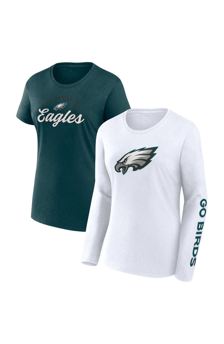 FANATICS Women's Fanatics Branded Midnight Green/White Philadelphia Eagles Lightweight Short & Long Sleeve T-Shirt Combo Pack, Main, color, 