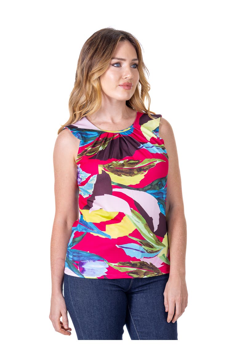 Petites Pink Pleated Crew Neckline Back Closure Sleeveless Top, Alternate, color, Pink Multi