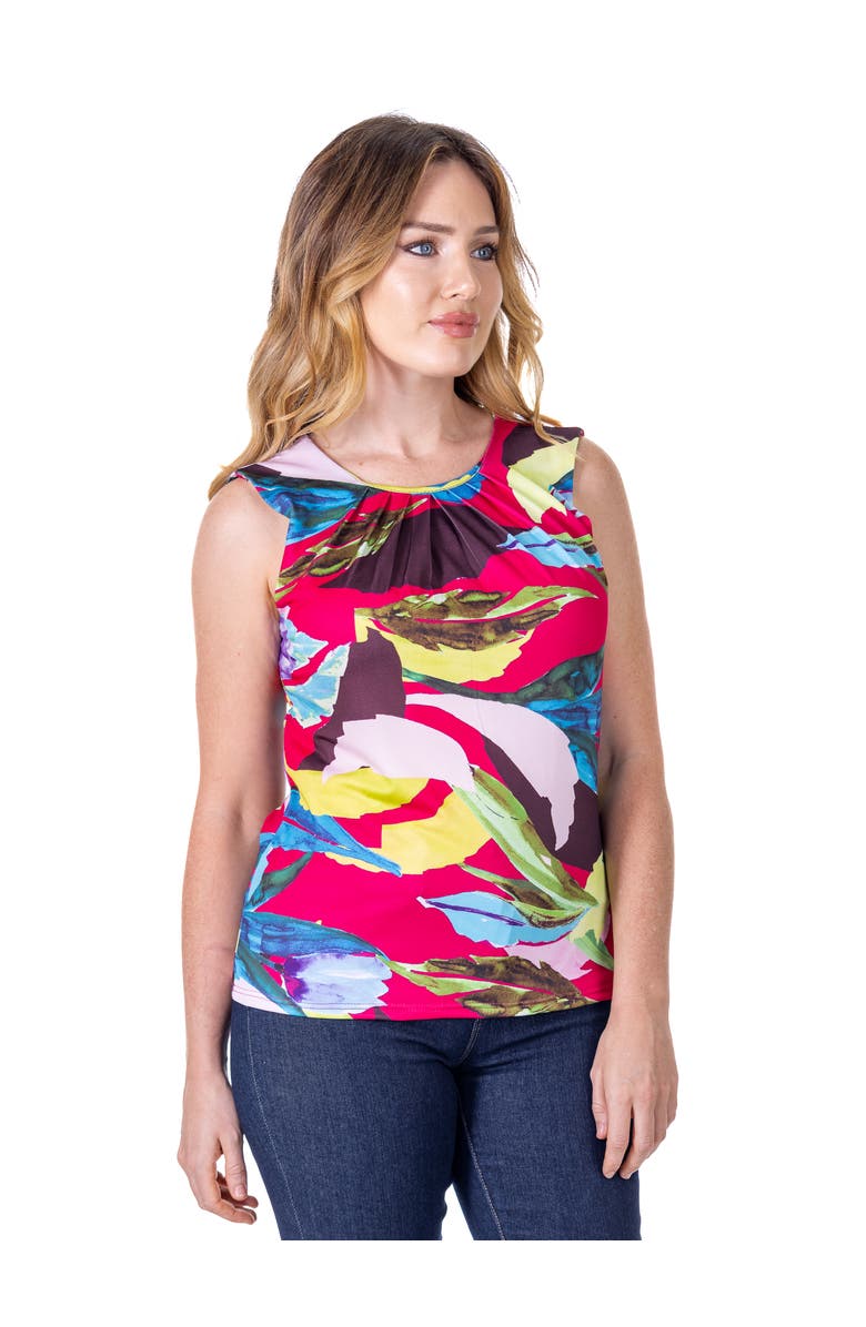 24seven Comfort Apparel Petites Pink Pleated Crew Neckline Back Closure Sleeveless Top, Alternate, color, Pink Multi
