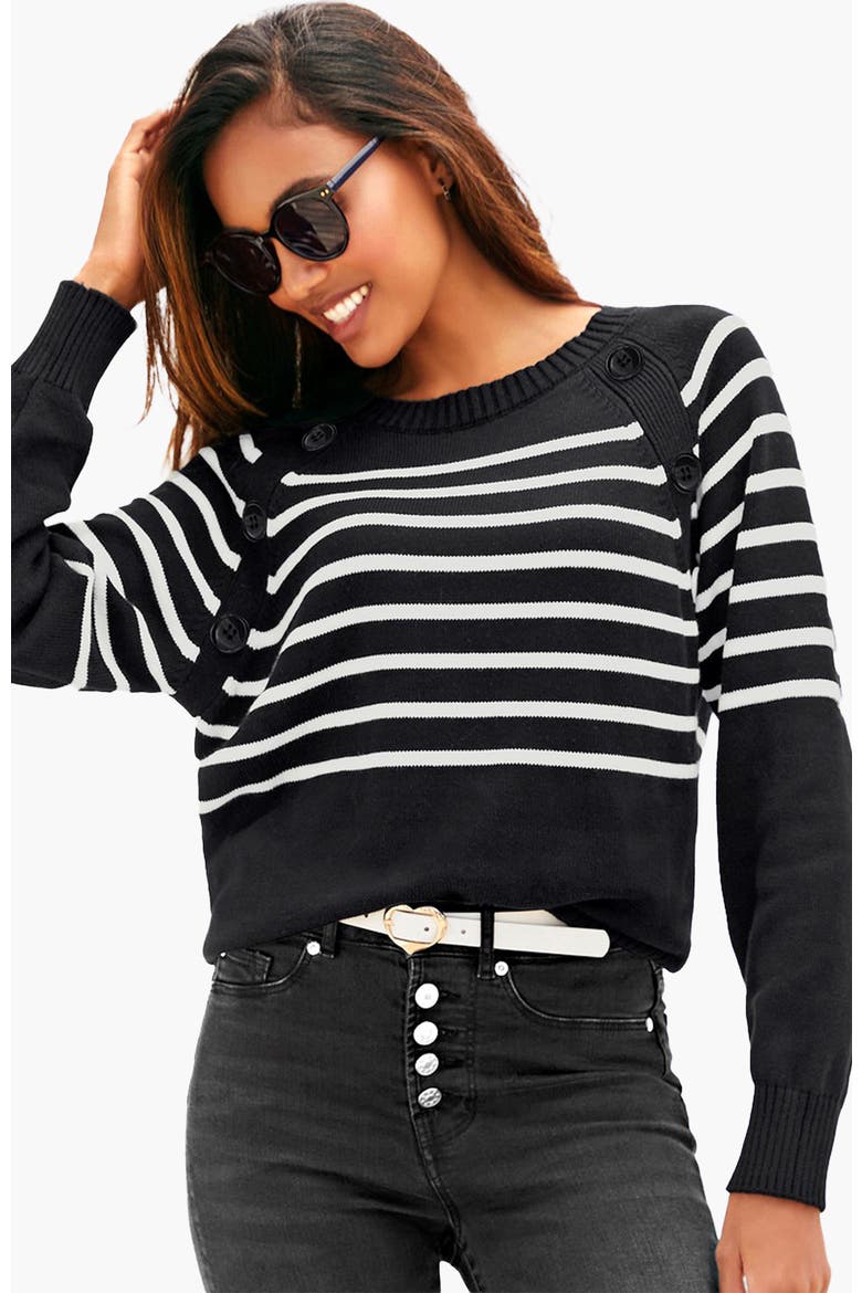 Striped Button Detail Sweater, Main, color, Black & White