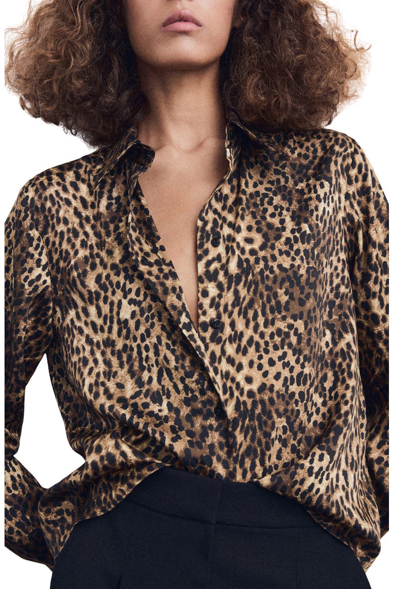 Leopard Print Satin Button-Up Shirt, Main, color, BROWN