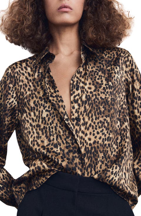 Leopard Print Satin Button-Up Shirt