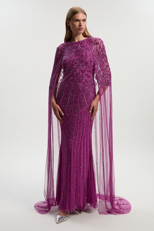 Karen Millen Premium Embellished Caped Maxi Dress In Purple