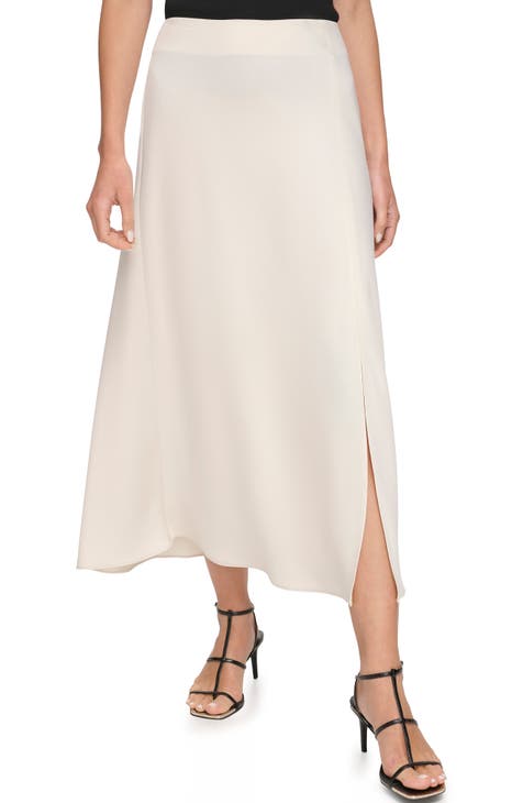 Satin Side Slit Midi Skirt