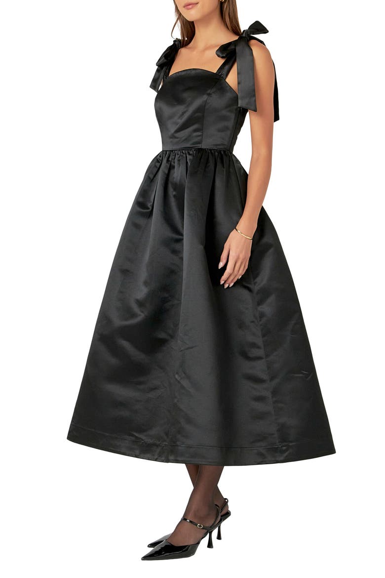 Bow Strap Satin Midi Dress, Alternate, color, BLACK