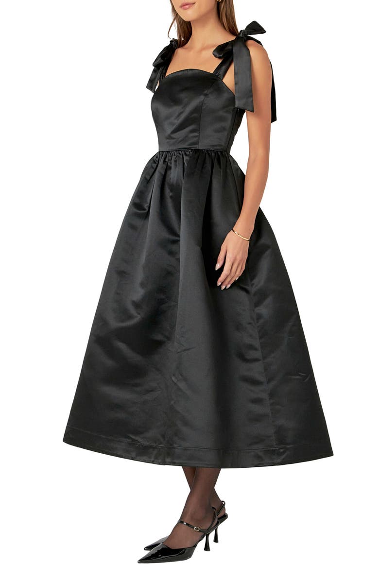 English Factory Bow Strap Satin Midi Dress, Alternate, color, Black
