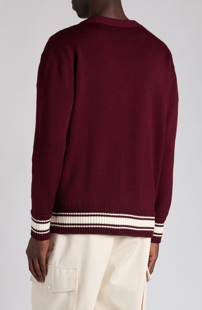 Moncler Monogram Patch Virgin Wool Cardigan, Alternate, color, Catawba Grape