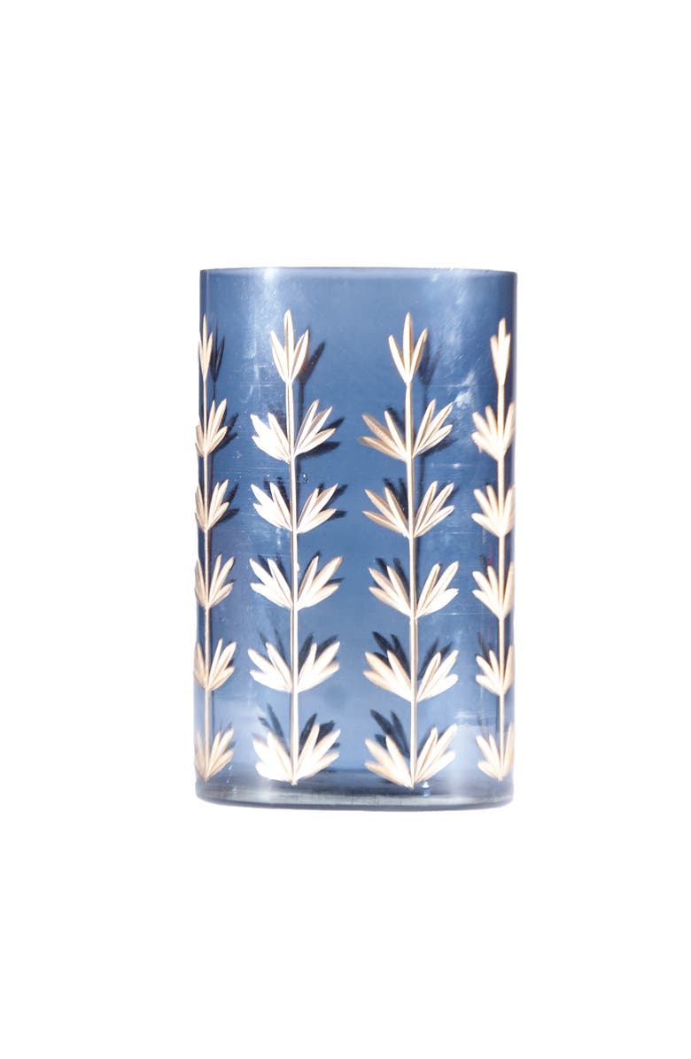 Storied Home Hand-Painted Cut Glass Candle Holder/Vase with Botanical Design, Navy Color and Gold Finish, Main, color, Navy