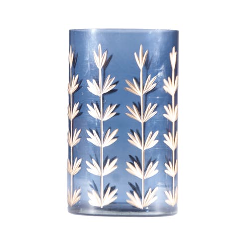 Hand-Painted Cut Glass Candle Holder/Vase with Botanical Design, Navy Color and Gold Finish