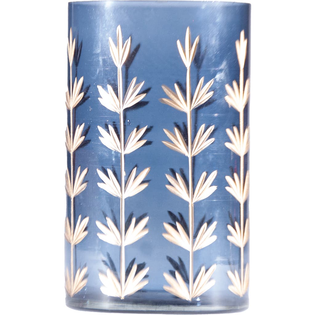 Storied Home Hand-painted Cut Glass Candle Holder/vase With Botanical Design, Navy Color And Gold Fi In Blue