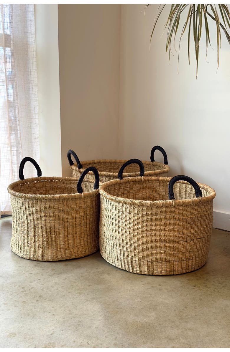Mbare S/3 Handwoven Short Hampers with Leather Handles - Natural, Alternate, color, Natural