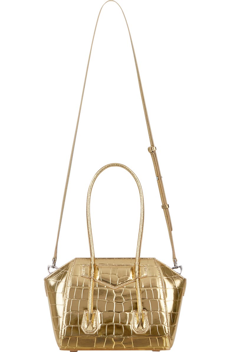 Givenchy Mini Antigona Lock Croc Embossed Metallic Leather Satchel, Alternate, color,