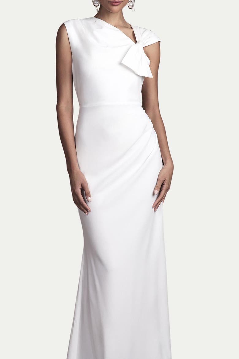 Bow Detail Crepe Wedding Dress, Alternate, color, Ivory