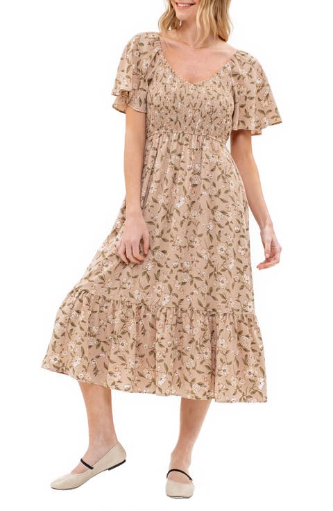 Floral Smocked Short Sleeve Midi Dress