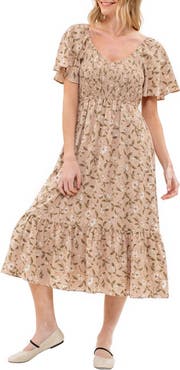 AUGUST SKY Floral Smocked Short Sleeve Midi Dress