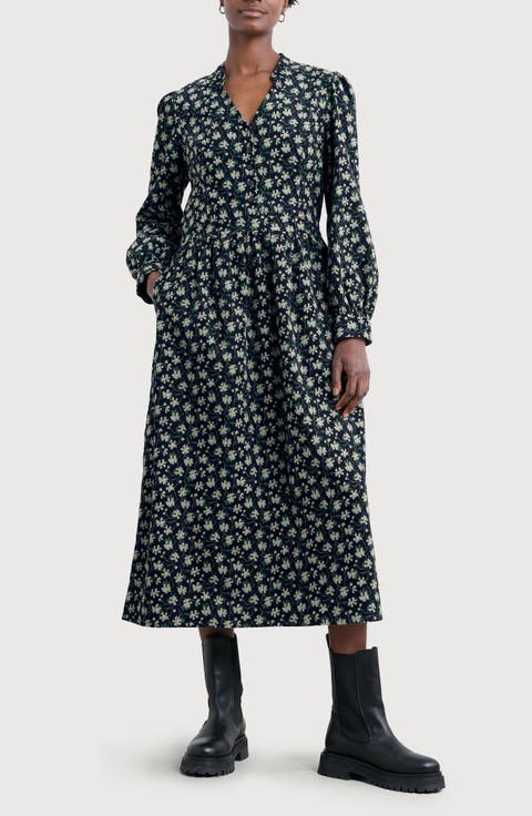 Rose Cottage Floral Long Sleeve Corduroy Midi Dress