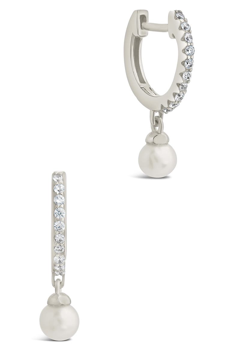 Maggie Cubic Zirconia Imitation Pearl Drop Huggie Hoop Earrings, Main, color, SILVER
