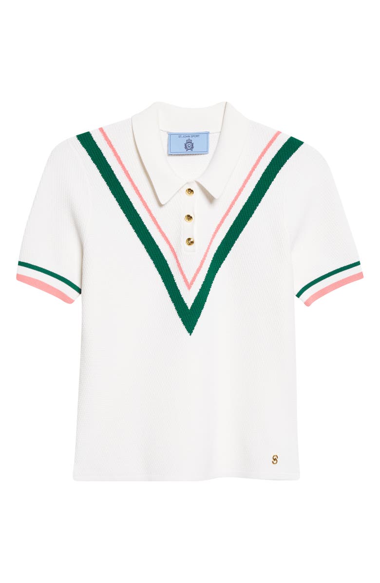 ST. JOHN Diagonal Texture V-Stripe Polo Sweater, Alternate, color, Bright White Multi