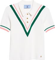 ST. JOHN Diagonal Texture V-Stripe Polo Sweater