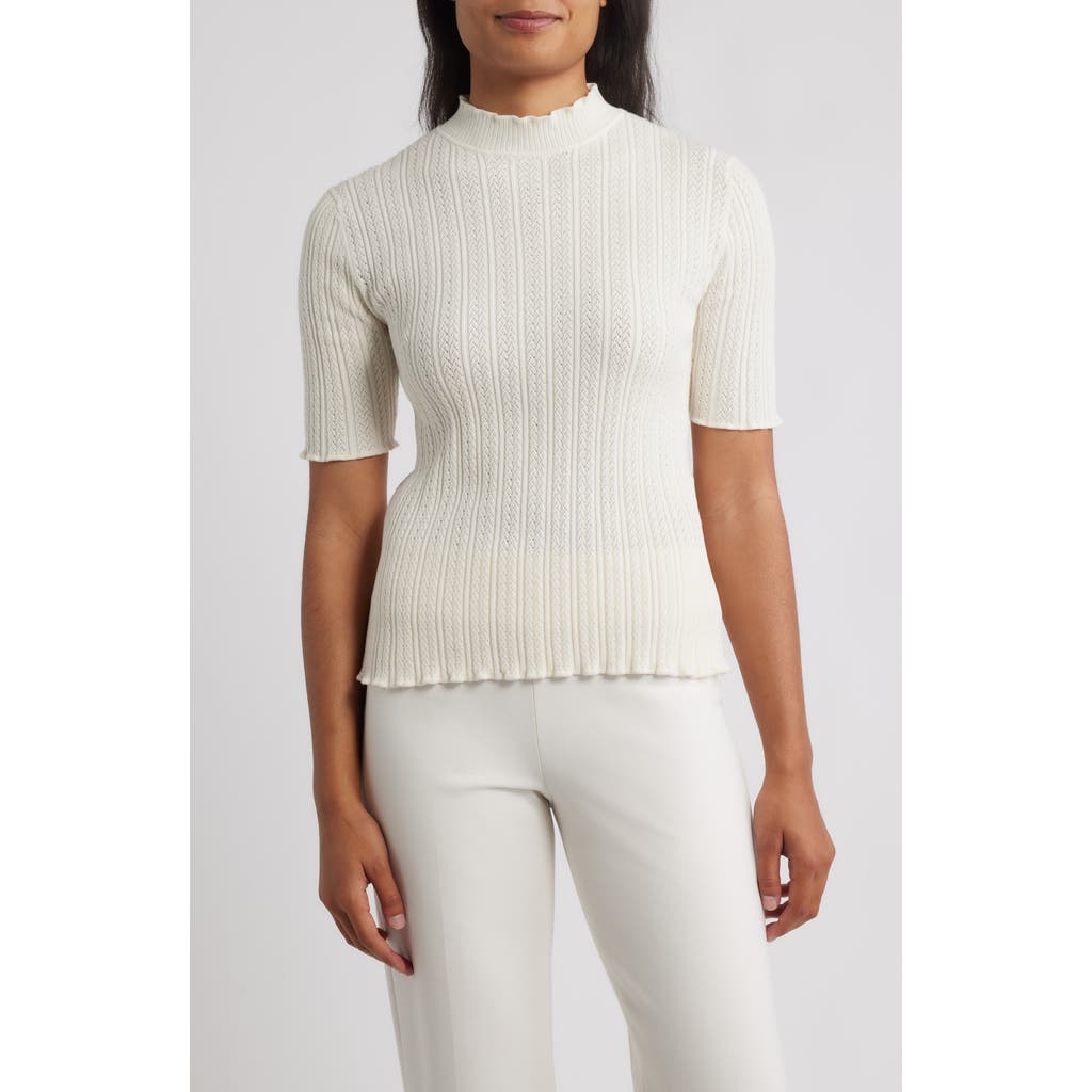 Anne Klein Mock Neck Short Sleeve Cotton Blend Sweater In White