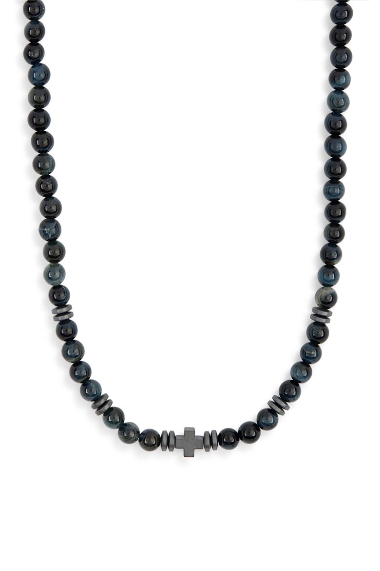Men's Hematite Cross Beaded Necklace, Main, color, BLUE TIGER EYE