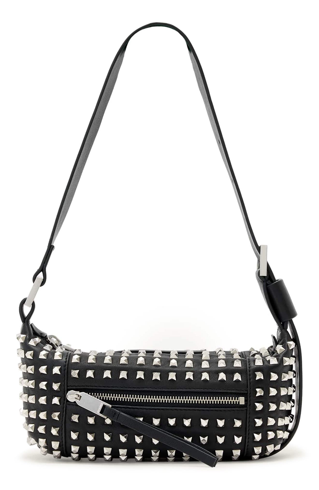 AllSaints Mini Vega Studded Leather Shoulder Bag, Main, color, Black
