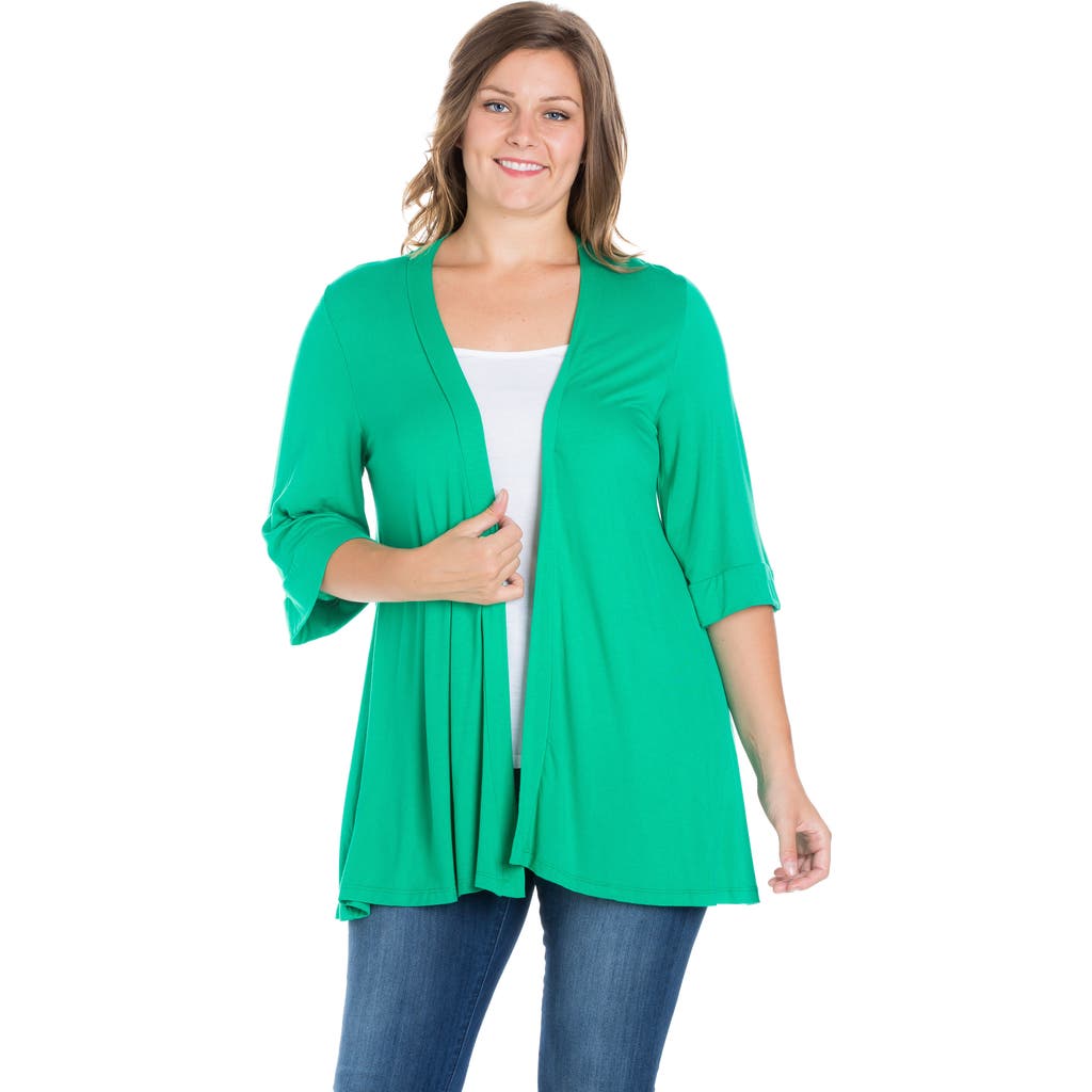 24seven Comfort Apparel Plus Size Elbow Length Open Front Cardigan Sweater In Green