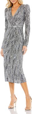 Mac Duggal Long Sleeve V-Neck Beaded Cocktail Dress