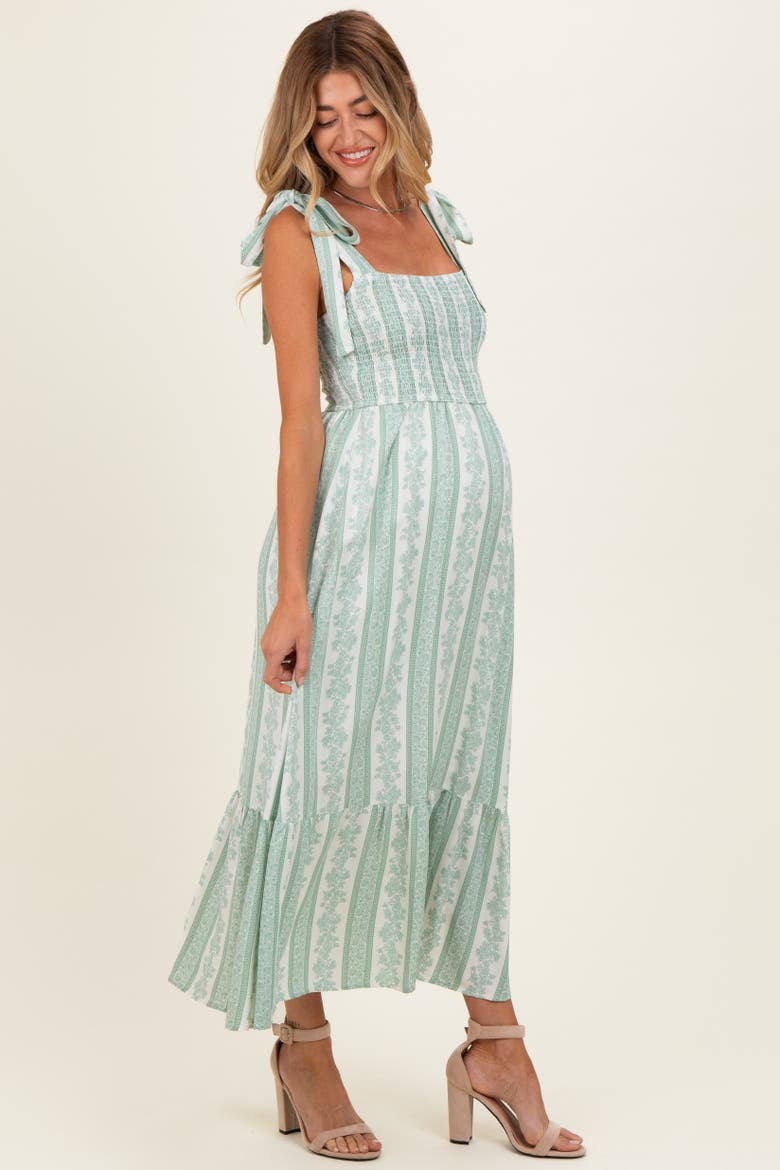 Floral Stripe Smocked Shoulder Tie Midi Dress, Alternate, color, Light Olive