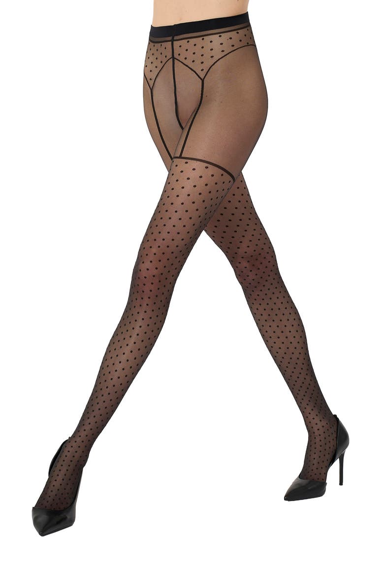 Illusion Garter Belt Polka Dot Tights, Main, color, BLACK/ BLACK