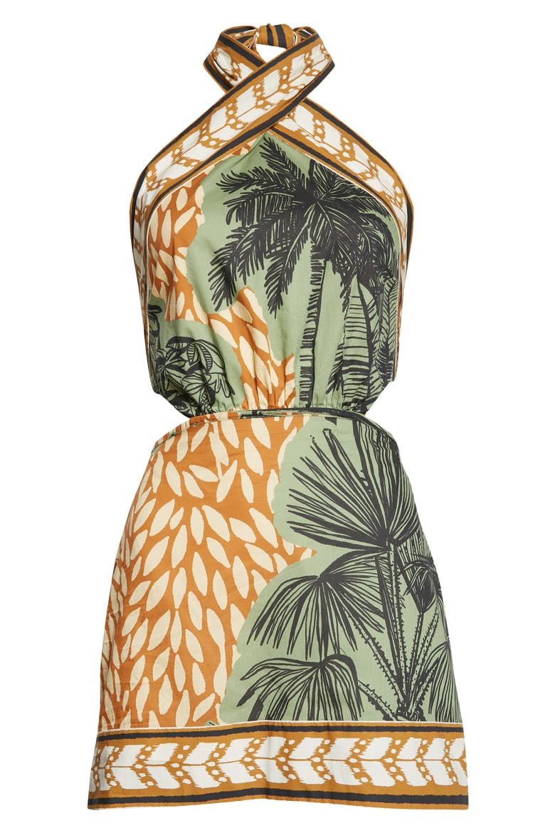 Reminders of Paradise Tropical Print Cutout Cotton Minidress, Alternate, color, TOILE CHOCOLATE/ GREENERY