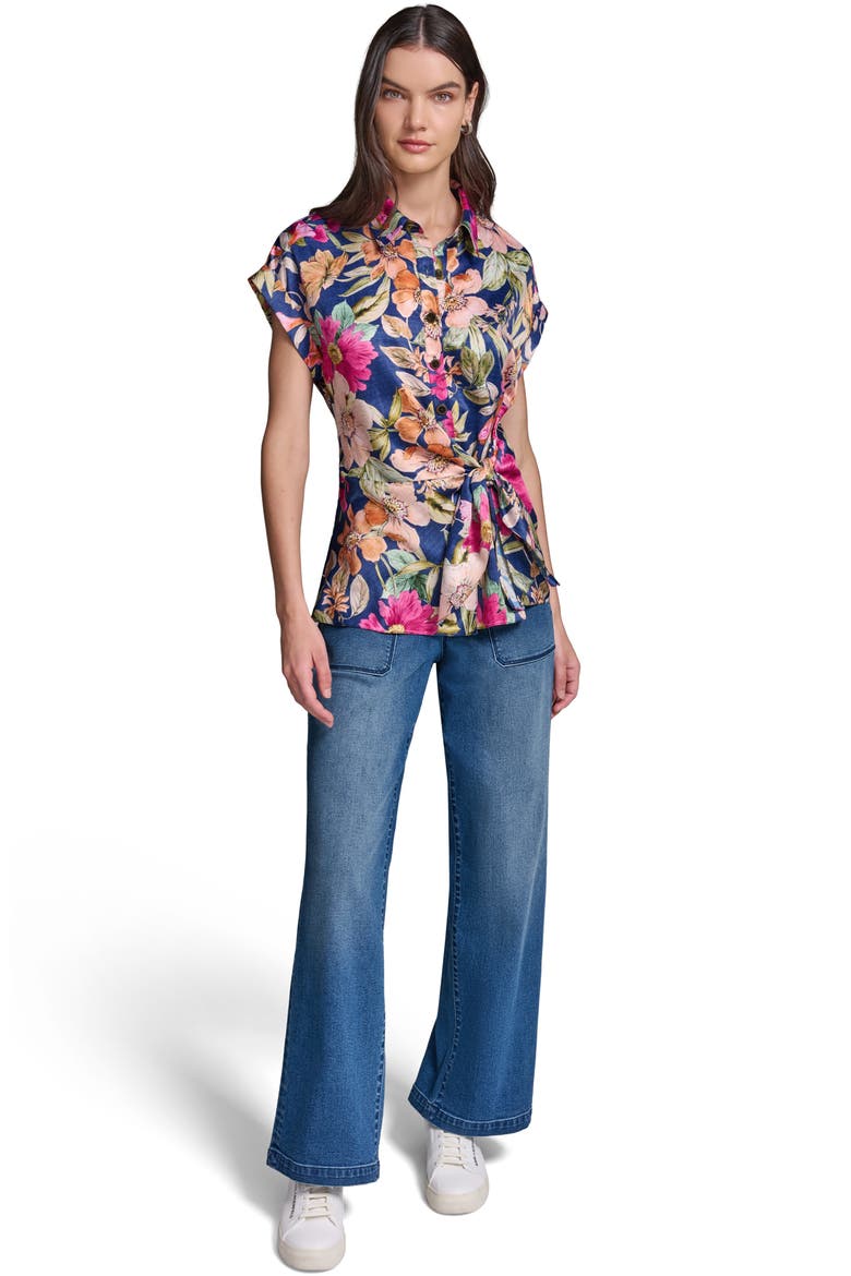 Side Tie Crêpe de Chine Button-Up Shirt, Alternate, color, CURRANT/ LIGHT BLUSH MULTI