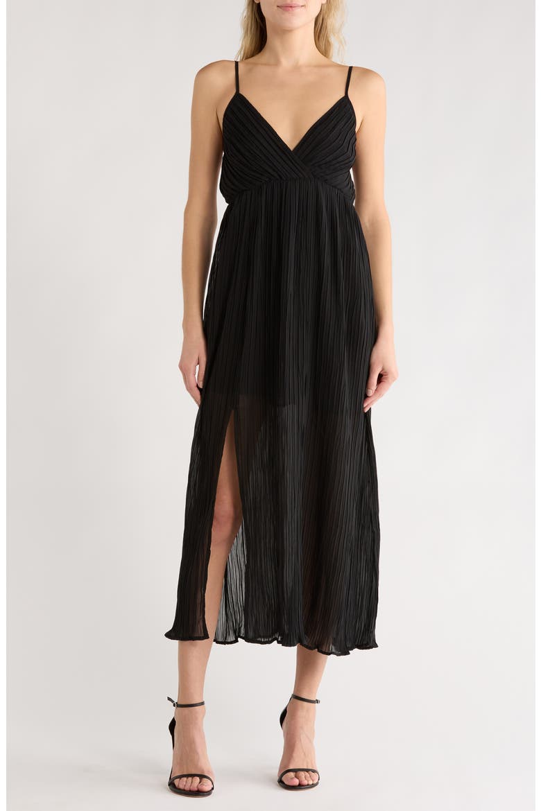 Pleated Tie Back Empire Waist Midi Dress, Main, color, BLACK