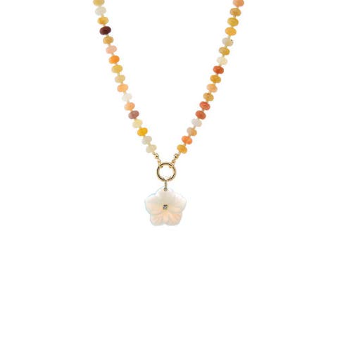 CZ Bezel Natural Stone Flower Charm & Beaded Clicker Necklace