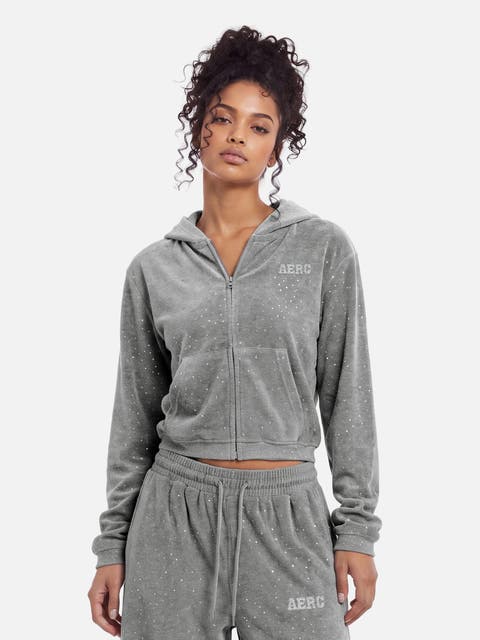 Rhinestone Velour Cropped Zip-Up Hoodie