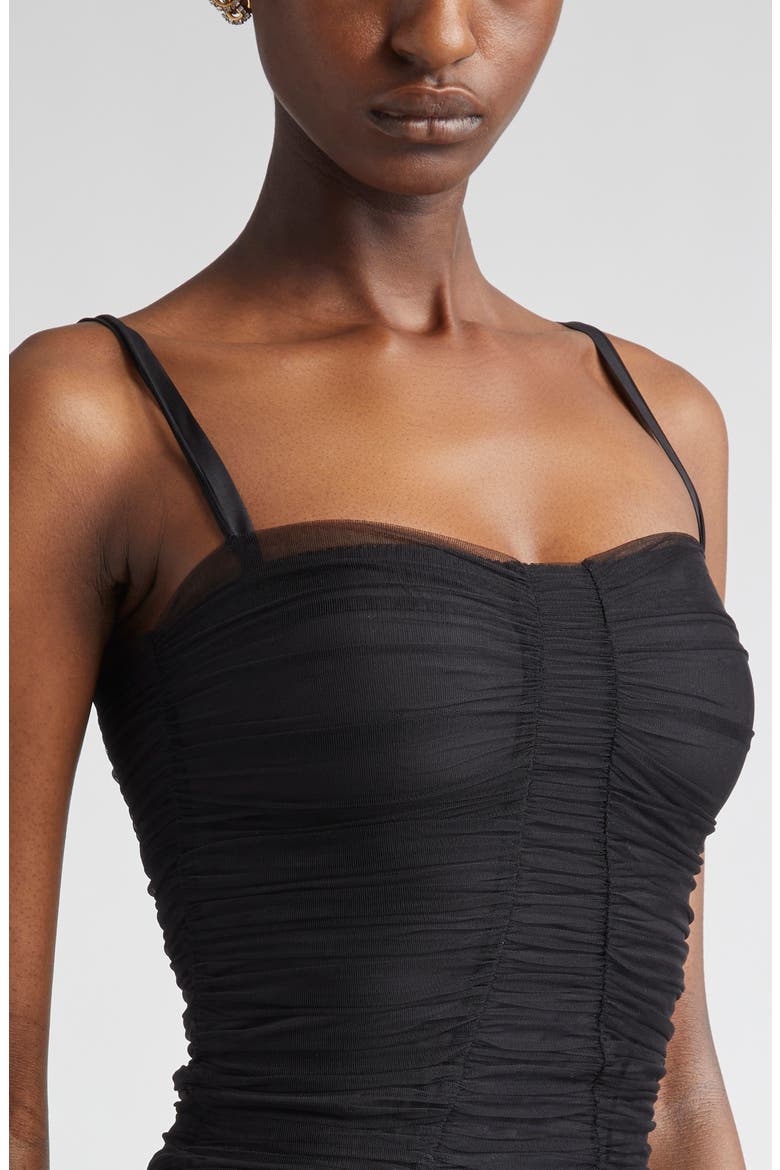 Sheer Ruched Mesh Midi Dress, Alternate, color, N0000 NERO