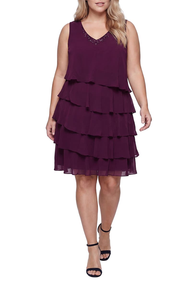 Tiered Ruffle Chiffon Dress with Jacket, Alternate, color, ITALIAN PLUM